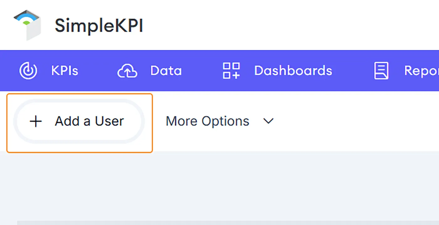 Add User button highlighted in the SimpleKPI interface, part of the Manage My dropdown menu