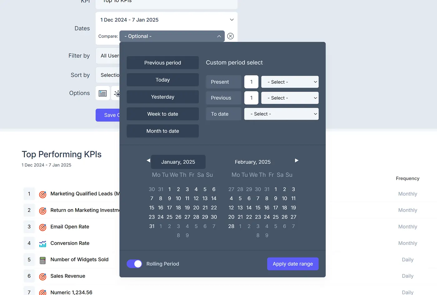 Compare feature showing KPI performance over two time periods