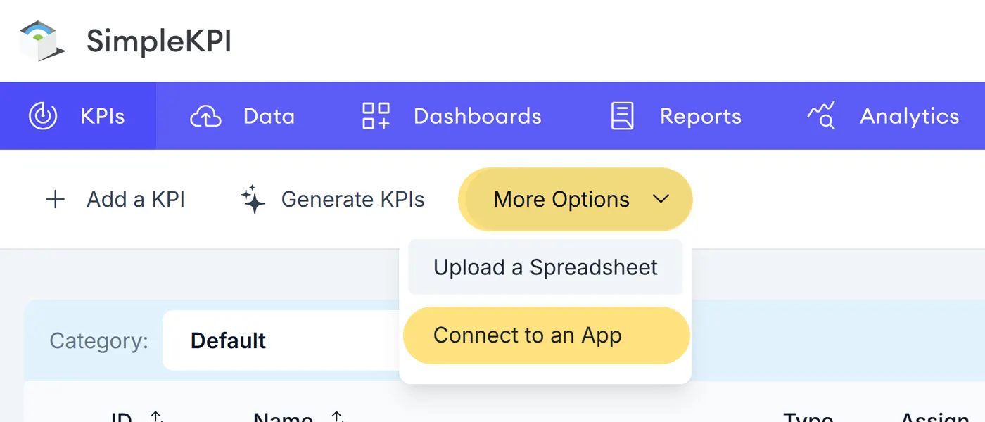 The KPI menu showing the data connect option