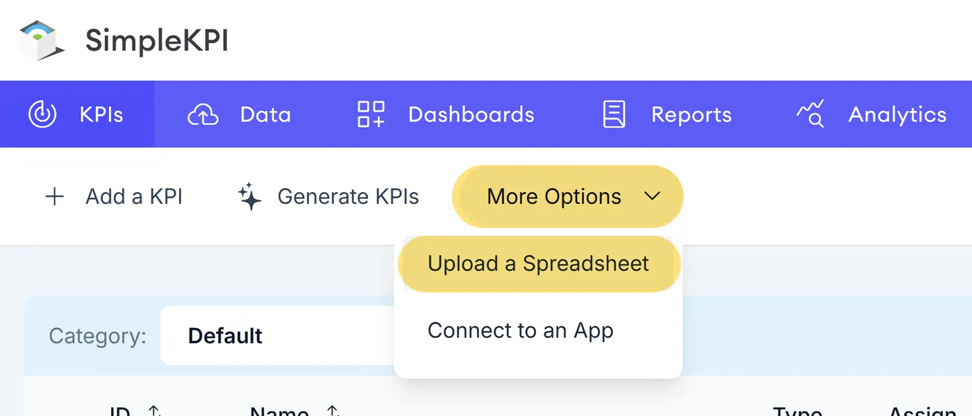 The KPI menu showing the kpi menu upload