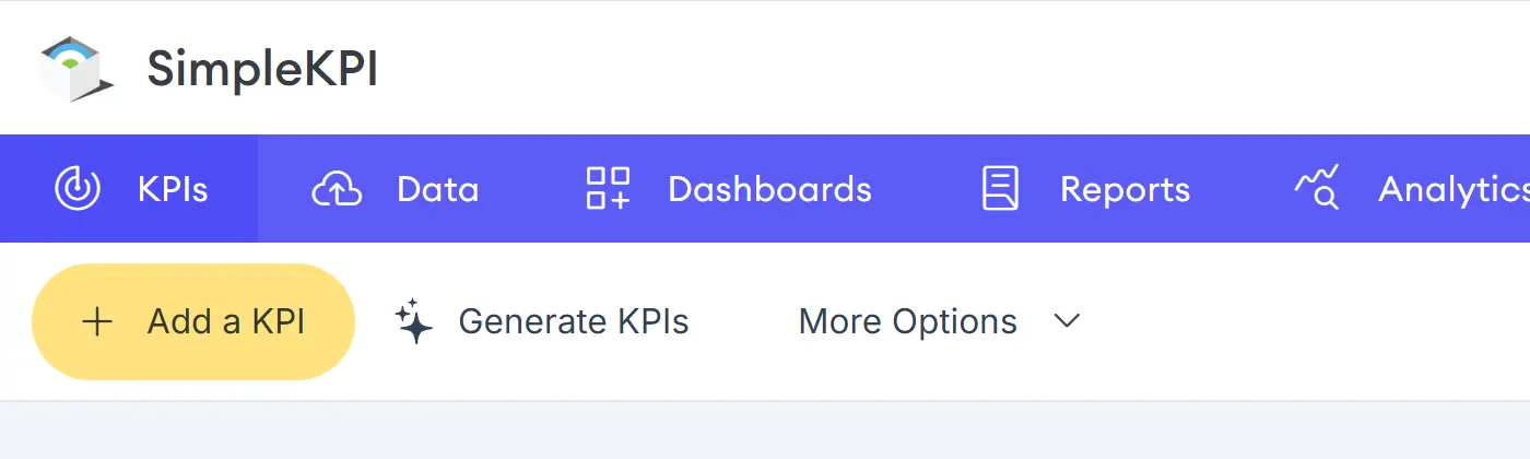 The header bar of SimpleKPI displaying the options for creating a KPI