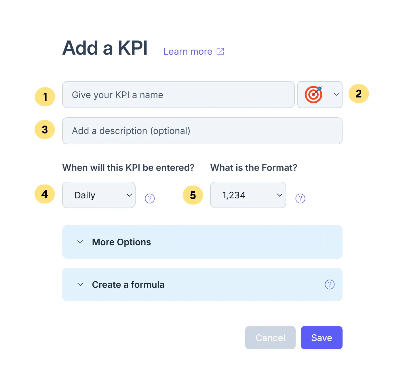 The KPI popup form showing fields to create a KPI