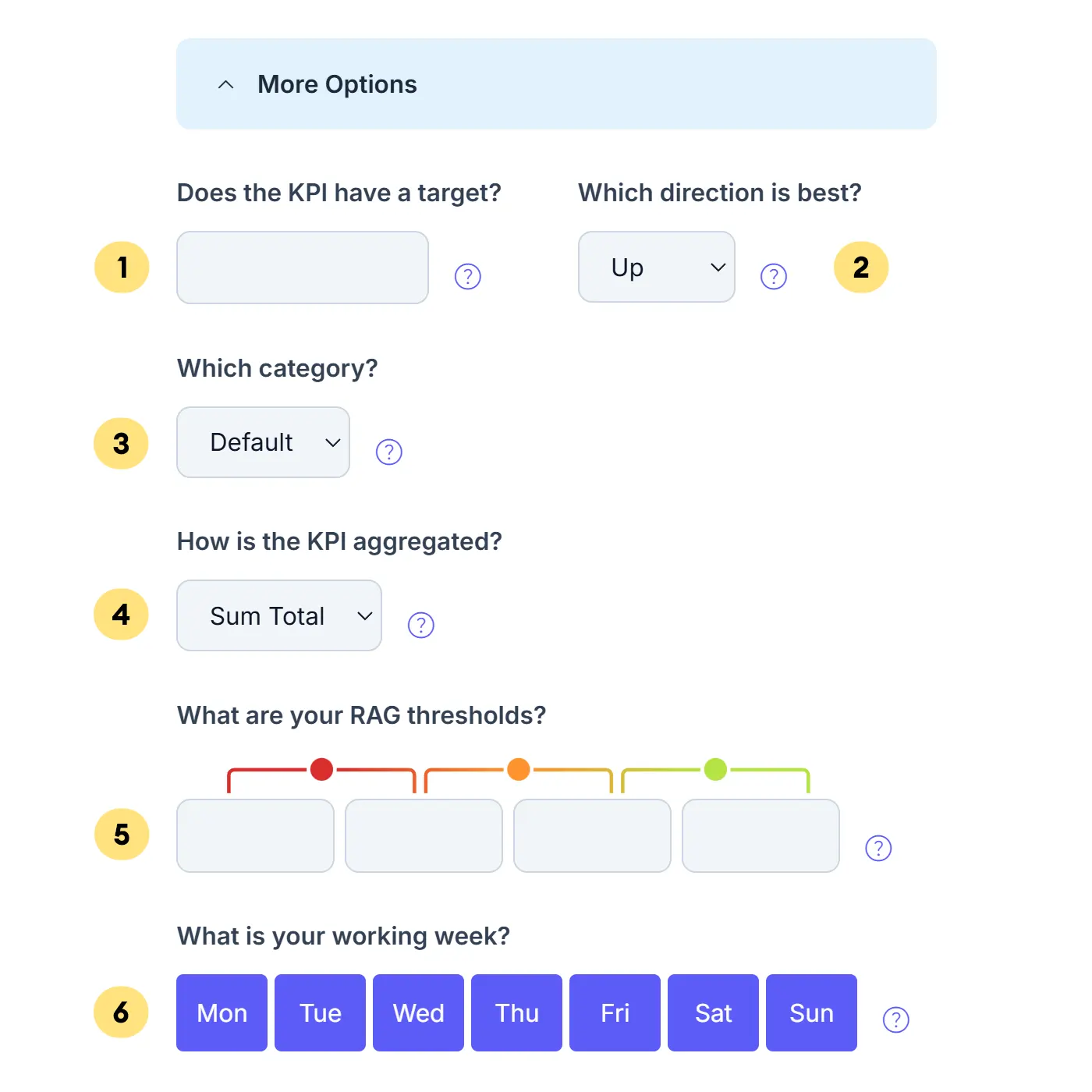 The KPI popup form showing more advanced options to fine tune KPIs