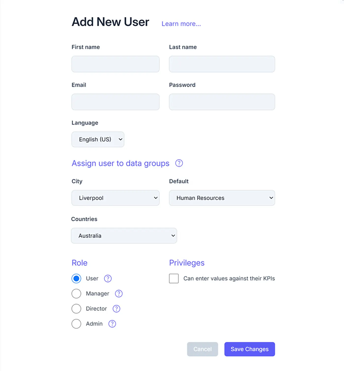 Form to add user details in SimpleKPI, including name, email, and password fields