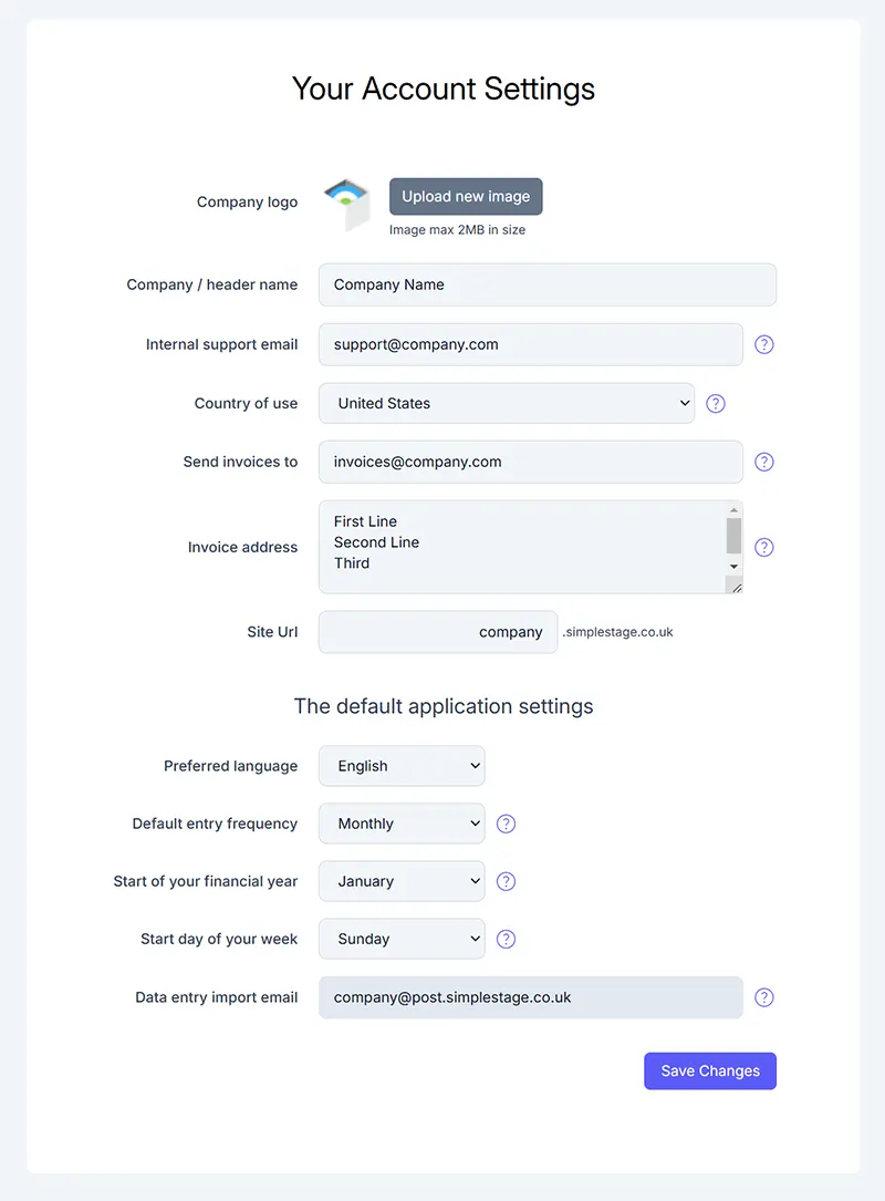 Account Settings for SimpleKPI