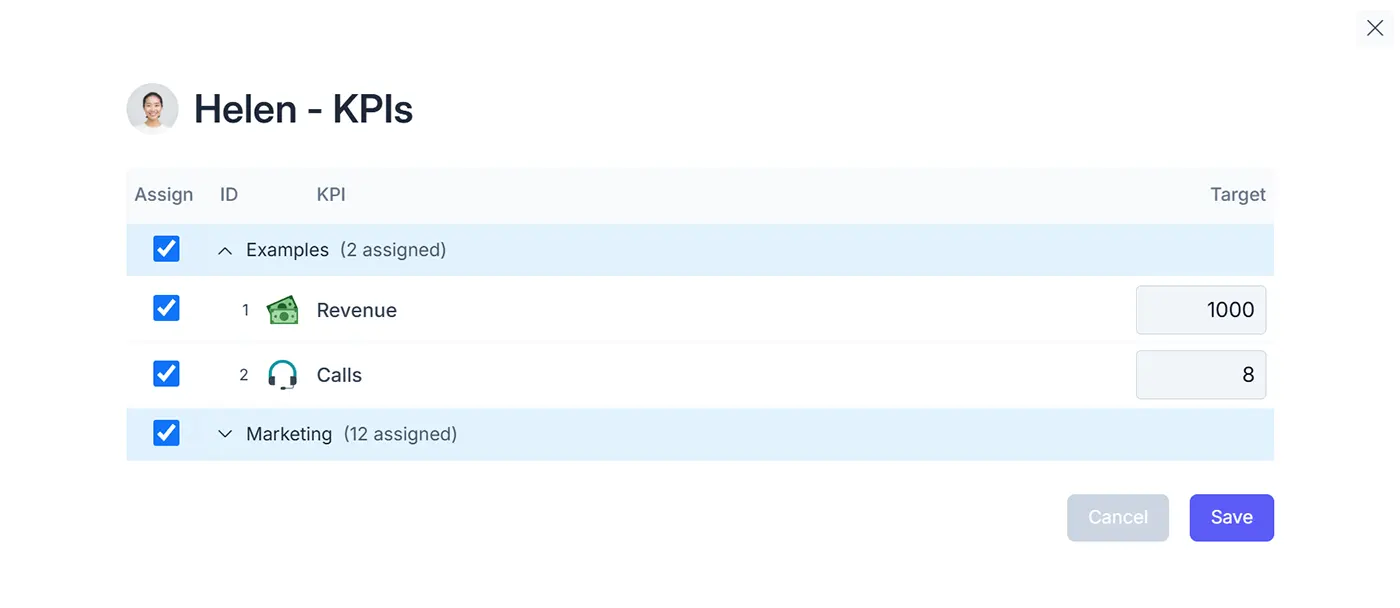 Screenshot showing the KPI assignment screen for a user in SimpleKPI