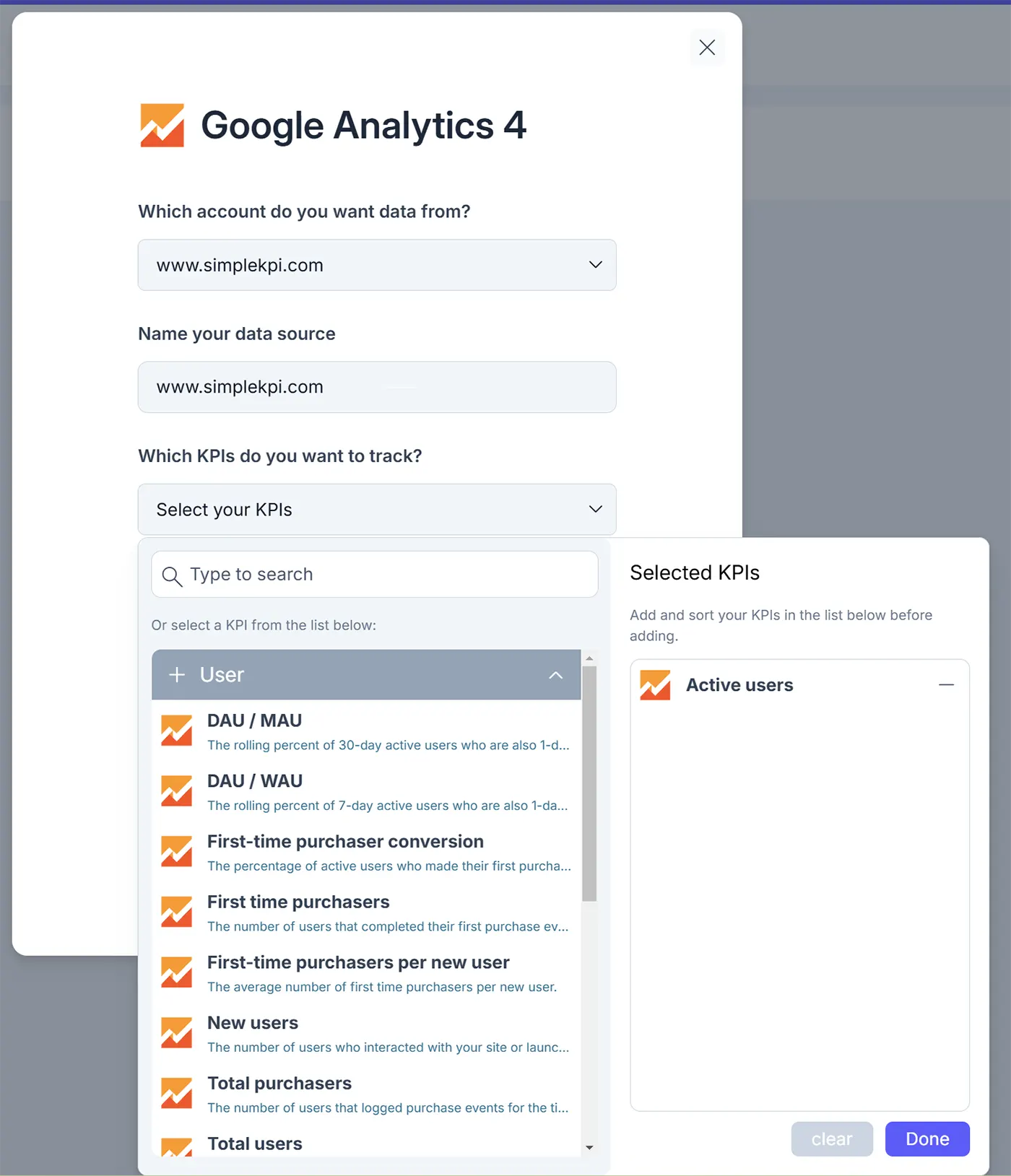 Interface for selecting specific KPIs to integrate in SimpleKPI