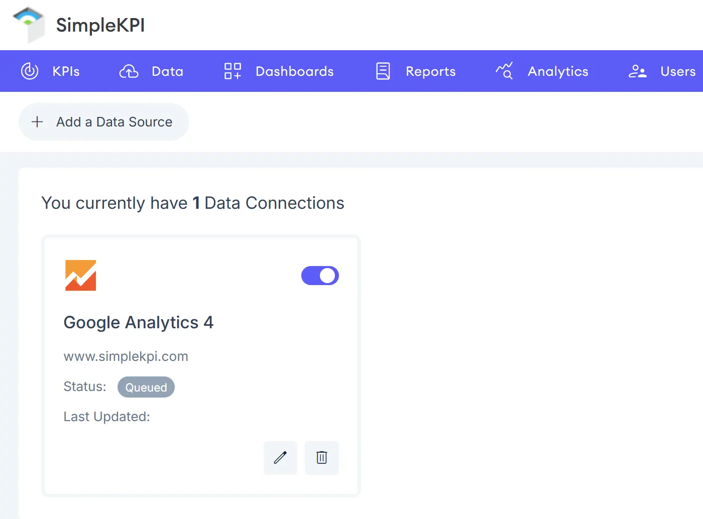 Data Sources Management screen in SimpleKPI with options to edit, delete, or refresh