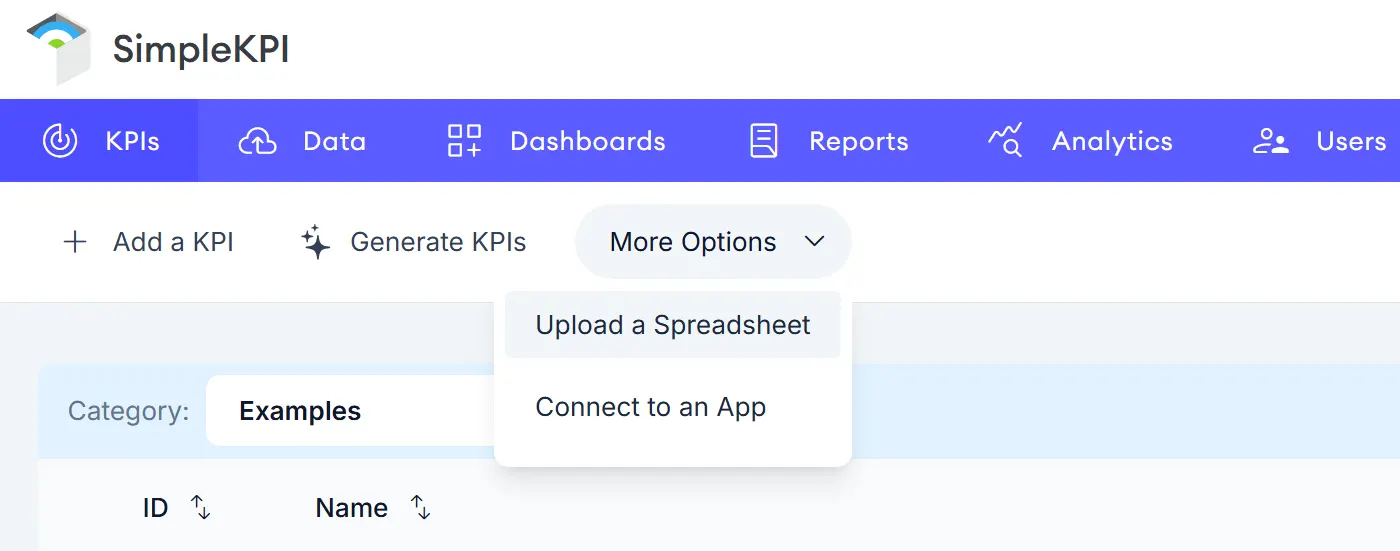 Example of uploading KPIs using the SimpleKPI import feature.