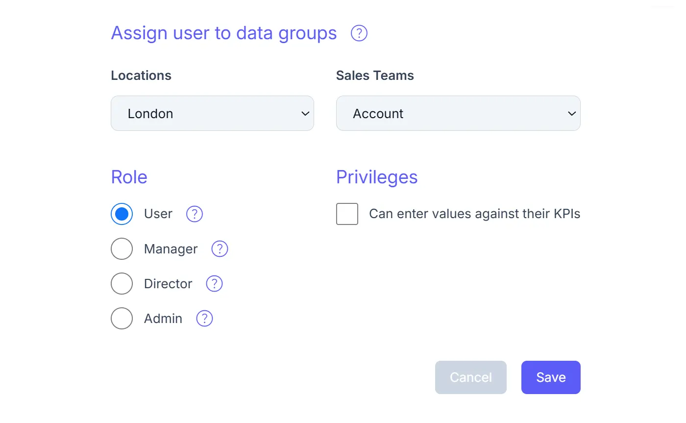 SimpleKPI user groups assignment screen